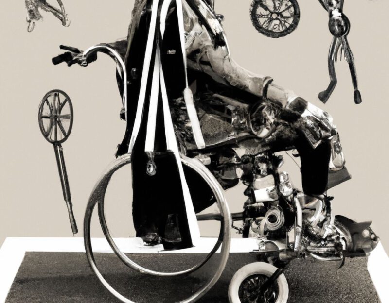 DALL·E 2023-11-01 09.59.54 - crazy, funny costume for an old man, wheel chair integrated into coat, graphic style looking like Max Ernst's black and white early collage