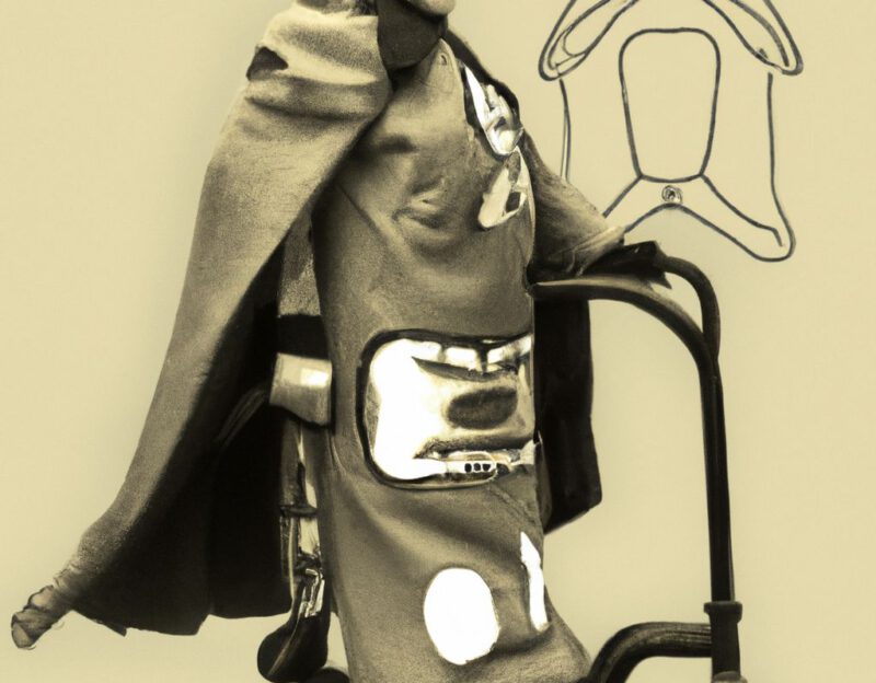 DALL·E 2023-11-01 10.00.06 - crazy, funny costume for an old man, wheel chair integrated into coat, graphic style looking like Max Ernst's black and white early collage