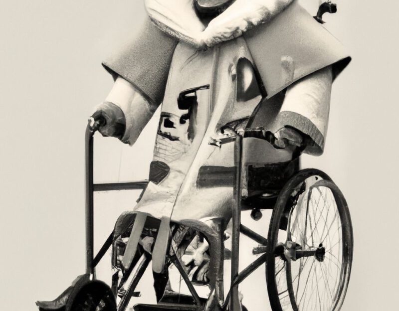 DALL·E 2023-11-01 10.00.30 - crazy, funny costume for an old man, wheel chair integrated into coat, graphic style looking like Max Ernst's black and white early collage