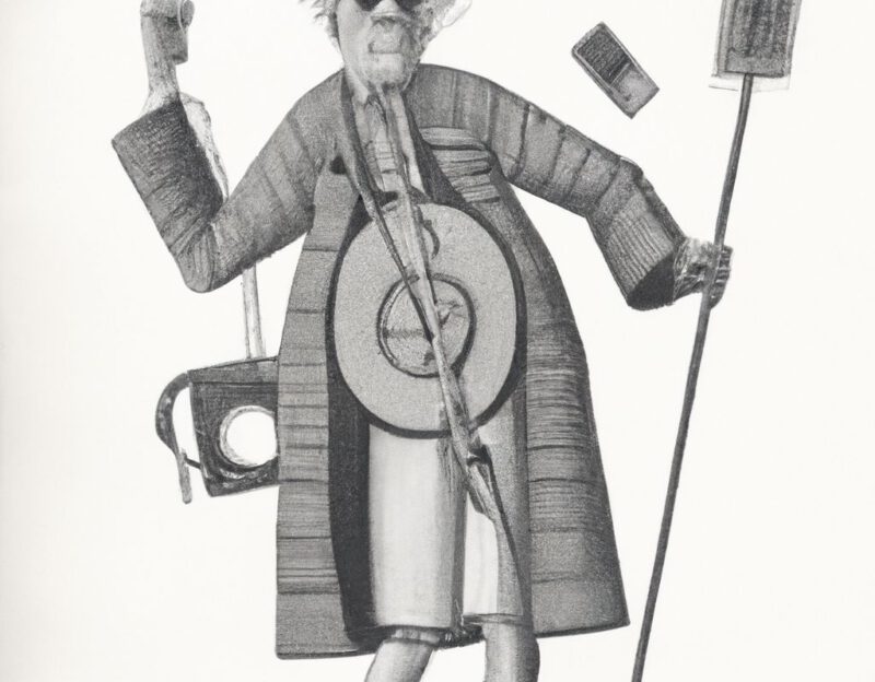 DALL·E 2023-11-01 12.24.46 - crazy, funny costume for an old man, Coat made of glasses, telescope, walking stick, hearing aid, graphic style looking like Max Ernst's black and whi