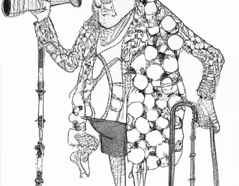 DALL·E 2023-11-01 12.25.03 - crazy, funny costume for an old man, Coat made of glasses, telescope, walking stick, hearing aid, graphic style looking like Max Ernst's black and whi