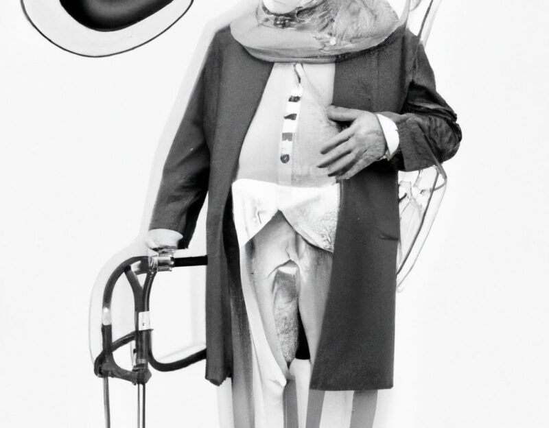 DALL·E 2023-11-01 12.25.13 - crazy, funny costume for an old man, Coat made of glasses, telescope, walking stick, hearing aid, graphic style looking like Max Ernst's black and whi