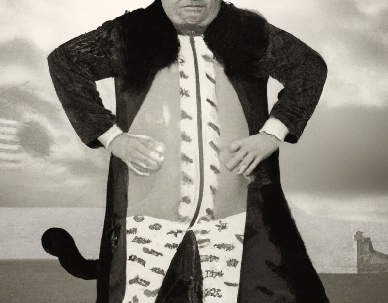 DALL·E 2023-11-01 12.36.54 - Crazy, funny costume for an old man, Coat that mimics a giant cat, graphic style looking like Max Ernst's black and white early collage