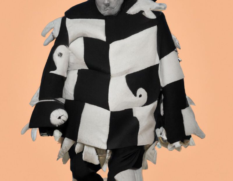 DALL·E 2023-11-01 12.37.19 - Crazy, funny costume for an old man, Coat that mimics a giant cat, graphic style looking like Max Ernst's black and white early collage