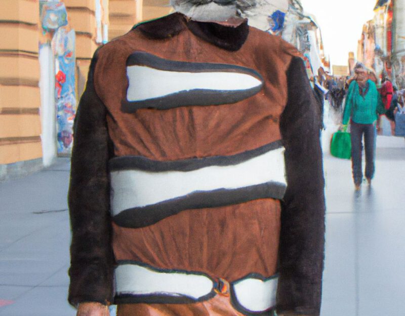 DALL·E 2023-11-01 12.38.36 - Crazy, funny costume for an old man, Coat that mimics a giant cat, graphic style looking like Max Ernst's collages