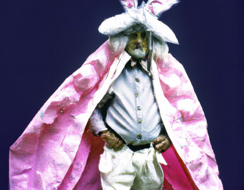 DALL·E 2023-11-01 12.39.23 - Crazy, funny costume for an old man, Coat that mimics a giant rabbit, graphic style looking like Max Ernst's collages