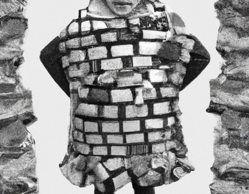 DALL·E 2023-11-01 12.45.00 - Crazy, funny costume for an old man, Coat that a big stone, graphic style looking like Max Ernst's black and white early collages, black and white
