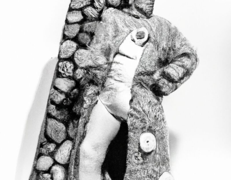 DALL·E 2023-11-01 12.45.13 - Crazy, funny costume for an old man, Coat that a big stone, graphic style looking like Max Ernst's black and white early collages, black and white