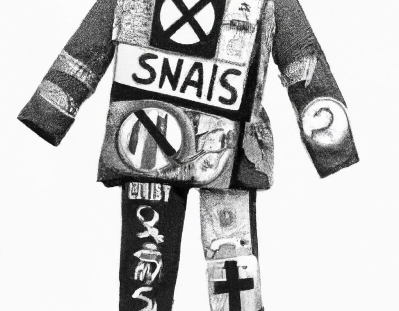 DALL·E 2023-11-01 12.46.41 - Crazy, funny costume for an old man, Coat that has many warning signs on it, graphic style looking like Max Ernst's black and white early collages