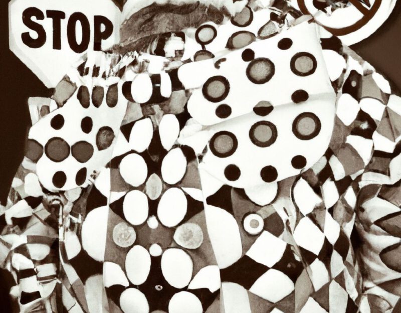 DALL·E 2023-11-01 12.46.54 - Crazy, funny costume for an old man, Coat that has many warning signs on it, graphic style looking like Max Ernst's black and white early collages