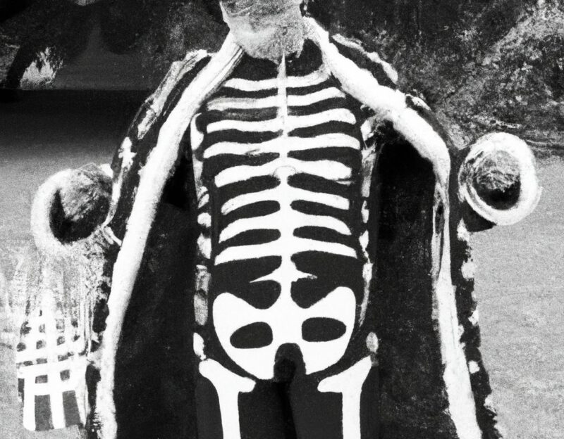DALL·E 2023-11-01 12.48.34 - Crazy, funny costume for an old man, Coat mimiks a skeleton, graphic style looking like Max Ernst's black and white early collages