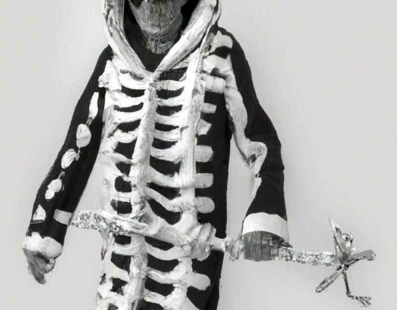 DALL·E 2023-11-01 12.48.52 - Crazy, funny costume for an old man, Coat mimiks a skeleton, graphic style looking like Max Ernst's black and white early collages