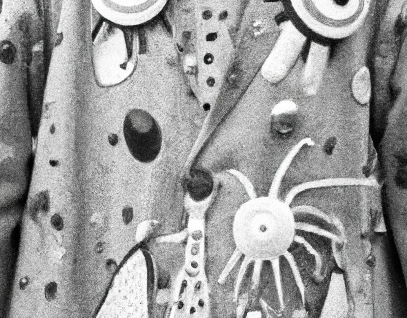 DALL·E 2023-11-01 12.49.42 - Crazy, funny costume for an old man, Coat that has many eyes on it, graphic style looking like Max Ernst's black and white early collages