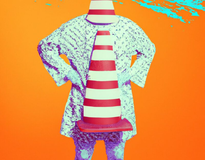 DALL·E 2023-11-01 12.55.00 - Crazy, funny costume for an old man, Traffic Cone Coat, graphic style looking like Max Ernst's black and white early collage