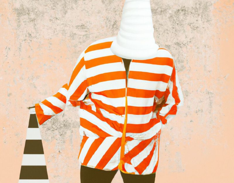 DALL·E 2023-11-01 12.55.09 - Crazy, funny costume for an old man, Traffic Cone Coat, graphic style looking like Max Ernst's black and white early collage