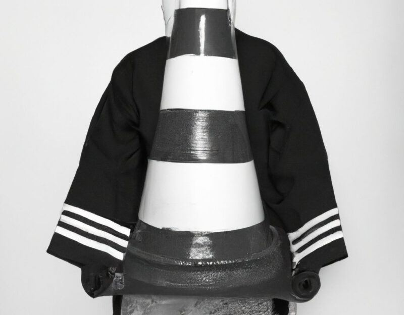 DALL·E 2023-11-01 12.55.54 - Crazy, funny costume for an old man, Traffic Cone Coat, graphic style looking like Max Ernst's black and white early collage, black and white