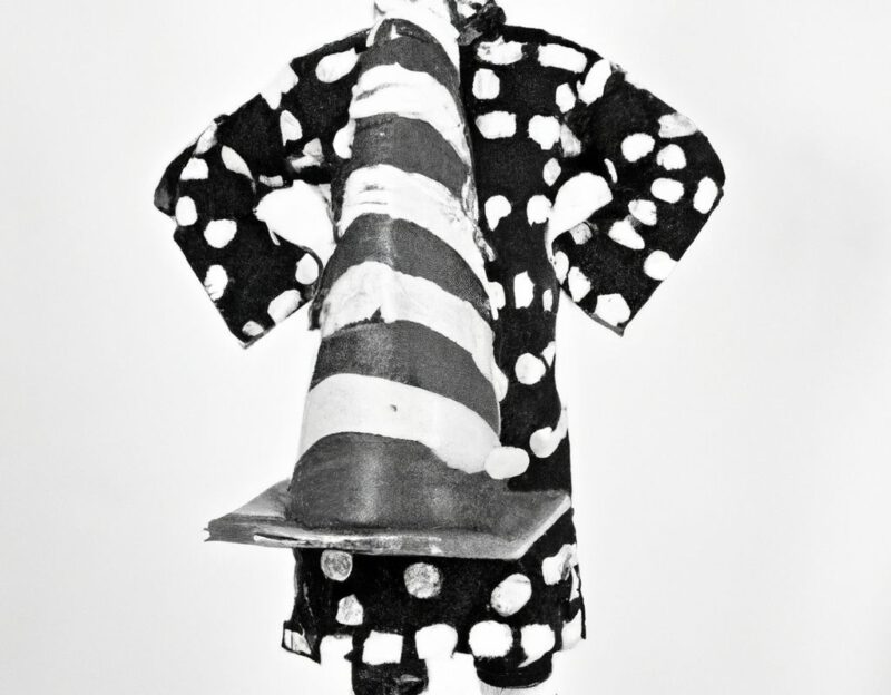 DALL·E 2023-11-01 12.56.00 - Crazy, funny costume for an old man, Traffic Cone Coat, graphic style looking like Max Ernst's black and white early collage, black and white