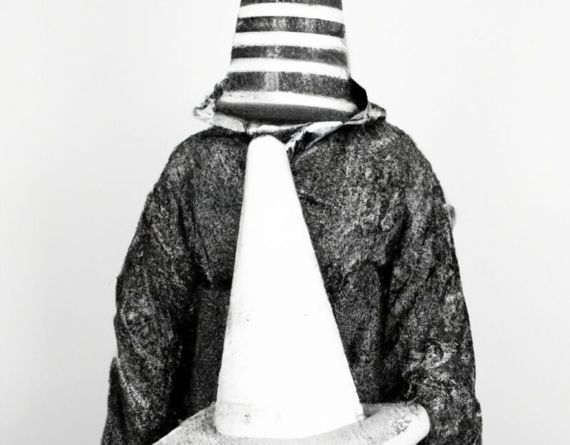 DALL·E 2023-11-01 12.56.08 - Crazy, funny costume for an old man, Traffic Cone Coat, graphic style looking like Max Ernst's black and white early collage, black and white