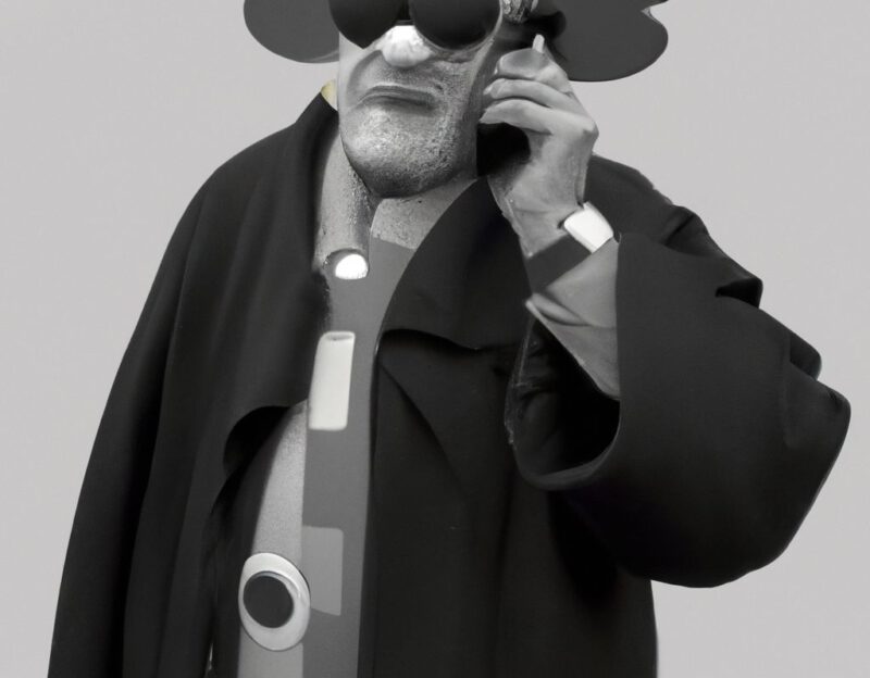 DALL·E 2023-11-01 12.59.16 - crazy, funny costume for an old man, Coat that mimiks a mobile phone, graphic style looking like Max Ernst's black and white early collages