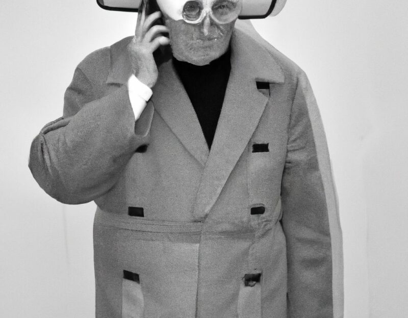 DALL·E 2023-11-01 13.00.20 - crazy, funny costume for an old man, Coat that lets the man look like a mobile phone, graphic style looking like Max Ernst's black and white early col