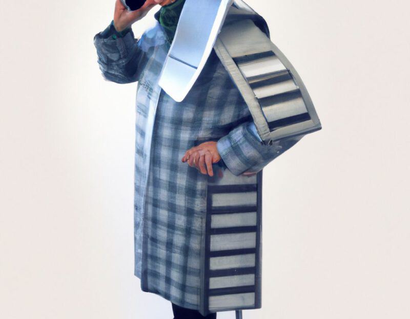 DALL·E 2023-11-01 13.00.36 - crazy, funny costume for an old man, Coat that lets the man look like a mobile phone, graphic style looking like Max Ernst's black and white early col