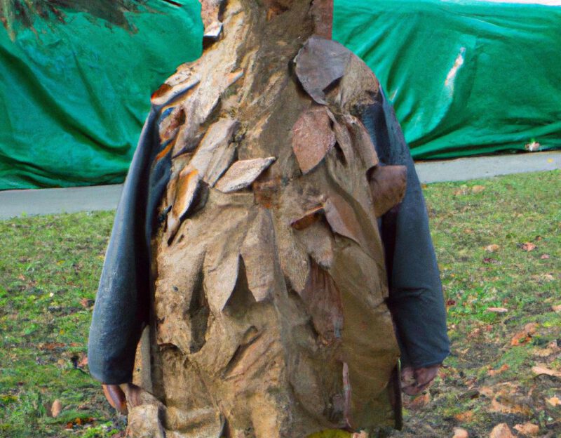 DALL·E 2023-11-01 13.04.59 - crazy, funny costume for an old man, Coat that lets the man look like a tree, graphic style looking like Max Ernst's early collages, show person from