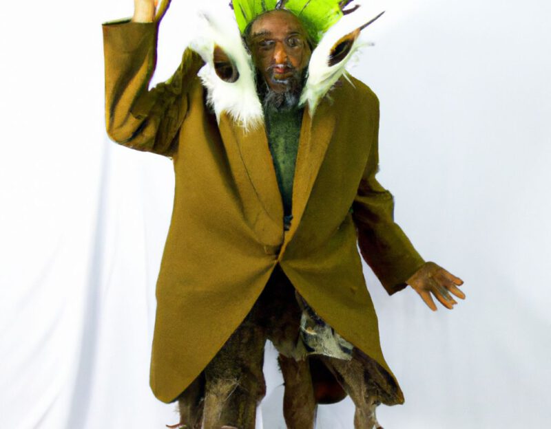 DALL·E 2023-11-01 13.05.10 - crazy, funny costume for an old man, Coat that lets the man look like a tree, graphic style looking like Max Ernst's early collages, show person from