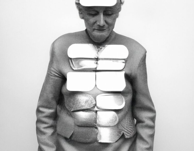 DALL·E 2023-11-01 13.06.23 - crazy, funny costume for an old man, Coat that lets the man look like a robot, graphic style looking like Max Ernst's early collages, black and white