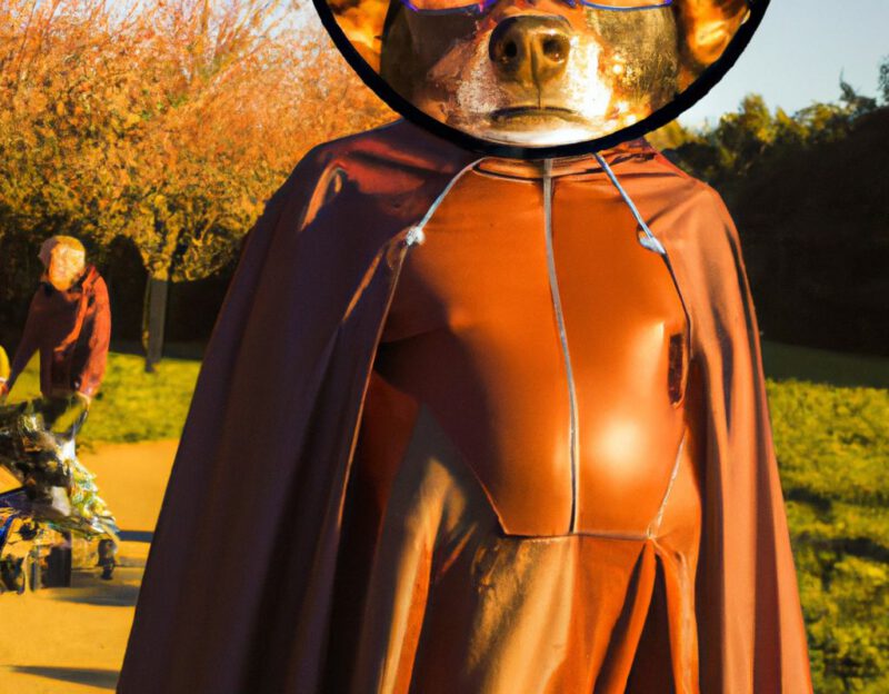 DALL·E 2023-11-01 13.07.19 - crazy, funny costume for an old man, Coat that lets the man look like a dog, graphic style looking like Max Ernst's early collages