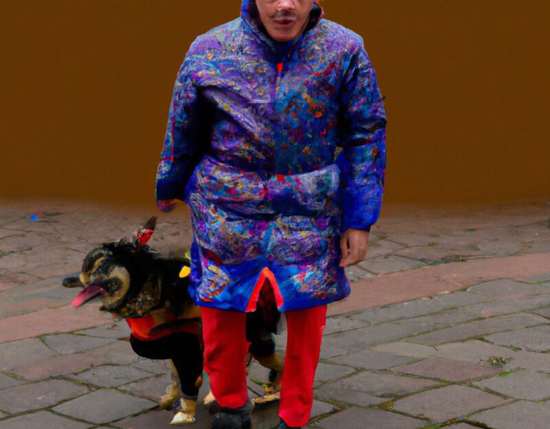 DALL·E 2023-11-01 13.07.30 - crazy, funny costume for an old man, Coat that lets the man look like a dog, graphic style looking like Max Ernst's early collages