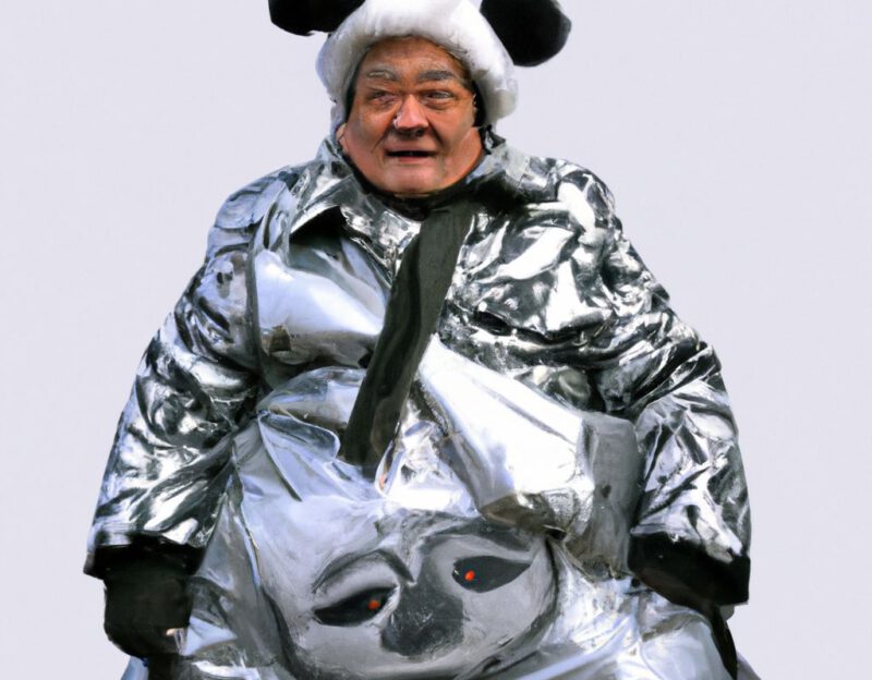 DALL·E 2023-11-01 13.08.32 - crazy, funny costume for an old man, Coat that lets the man look like a panda bear, graphic style looking like Max Ernst's early collages