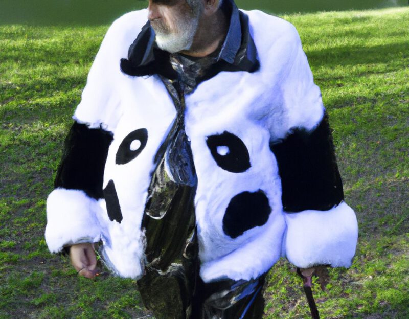 DALL·E 2023-11-01 13.08.53 - crazy, funny costume for an old man, Coat that lets the man look like a panda bear, graphic style looking like Max Ernst's early collages