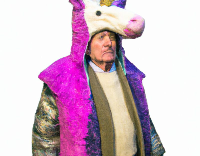 DALL·E 2023-11-01 13.11.18 - crazy, funny costume for an old man, A coat that transforms the wearer into a unicorn. graphic style looking like Max Ernst's early collages