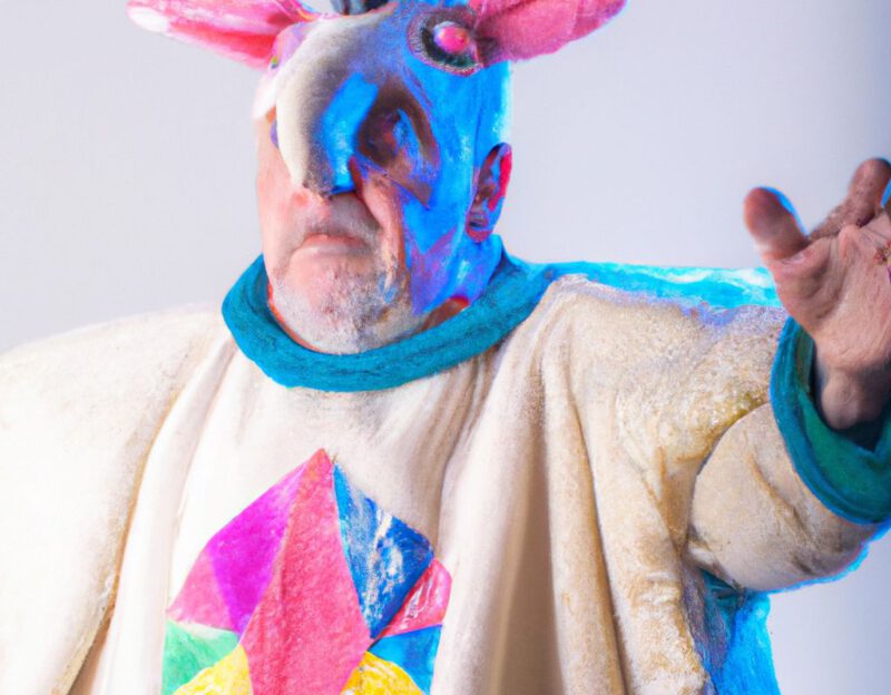 DALL·E 2023-11-01 13.11.27 - crazy, funny costume for an old man, A coat that transforms the wearer into a unicorn. graphic style looking like Max Ernst's early collages