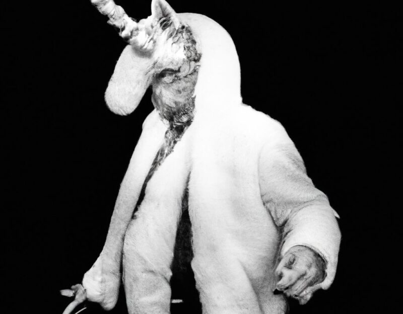 DALL·E 2023-11-01 13.11.45 - crazy, funny costume for an old man, A coat that transforms the wearer into a unicorn. graphic style looking like Max Ernst's early collages