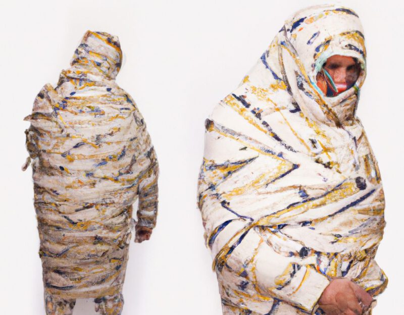 DALL·E 2023-11-01 13.12.55 - crazy, funny costume for an old man, A coat that transforms the wearer into a Mummy Wrap. graphic style looking like Max Ernst's early collages