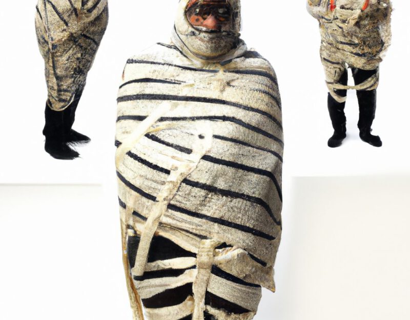 DALL·E 2023-11-01 13.13.03 - crazy, funny costume for an old man, A coat that transforms the wearer into a Mummy Wrap. graphic style looking like Max Ernst's early collages