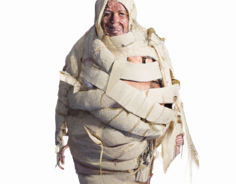 DALL·E 2023-11-01 13.13.13 - crazy, funny costume for an old man, A coat that transforms the wearer into a Mummy Wrap. graphic style looking like Max Ernst's early collages