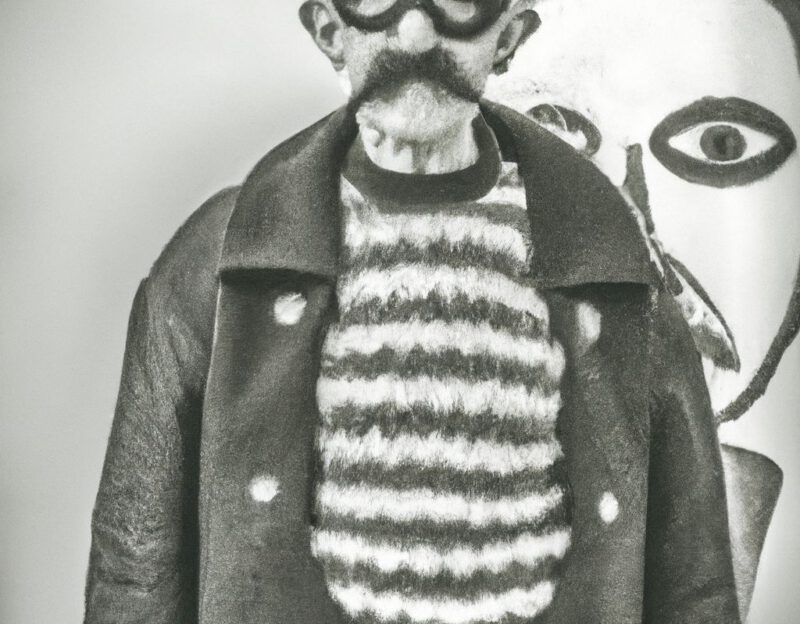 DALL·E 2023-11-01 13.15.38 - crazy, funny costume for an old man, A coat that transforms the wearer into a Hipster with moustache an giant glasses. graphic style looking like Max