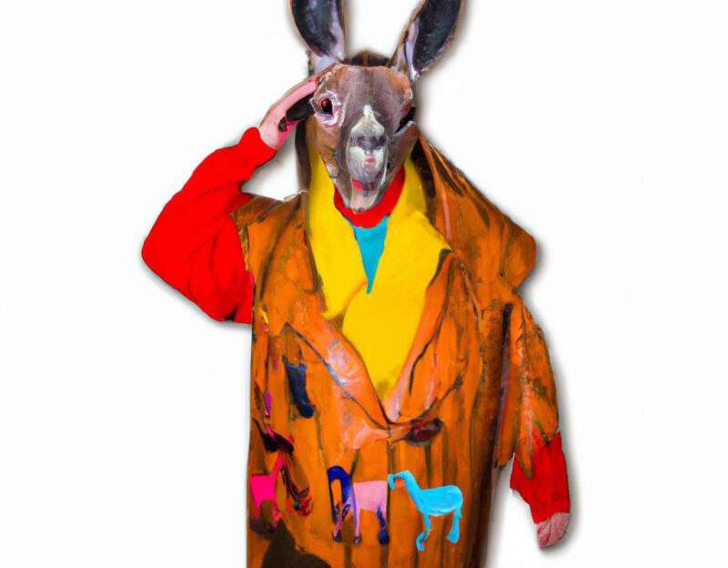 DALL·E 2023-11-01 13.18.24 - crazy, funny costume for an old man, A coat that transforms the wearer into a lama. graphic style looking like Max Ernst's early collages