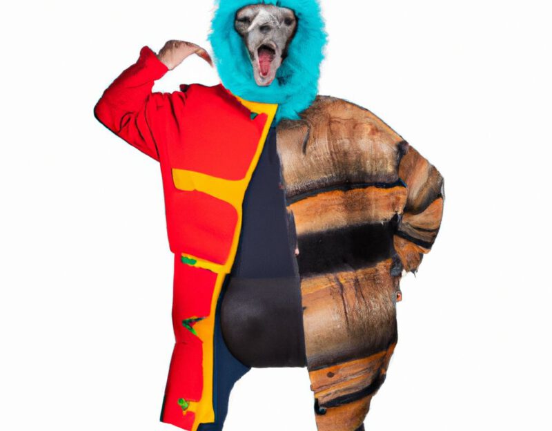 DALL·E 2023-11-01 13.18.34 - crazy, funny costume for an old man, A coat that transforms the wearer into a lama. graphic style looking like Max Ernst's early collages