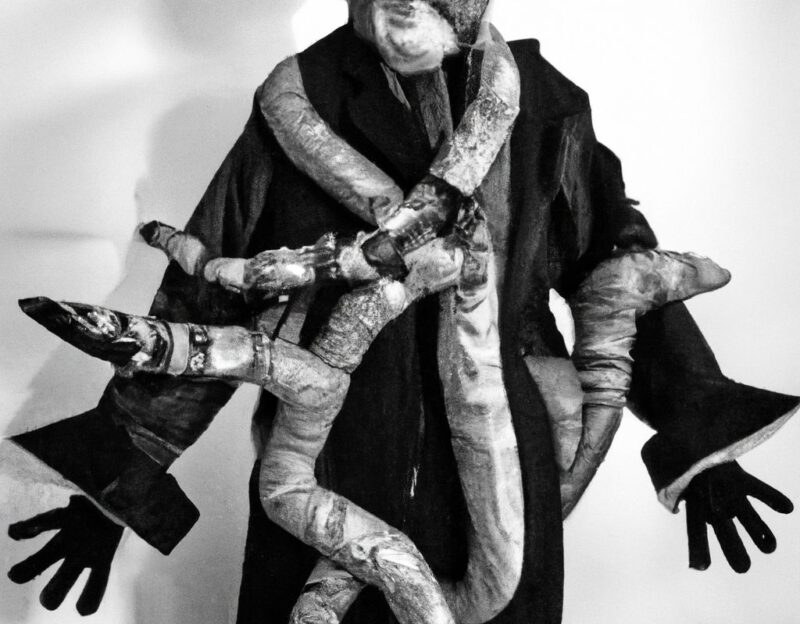DALL·E 2023-11-01 13.21.13 - crazy, funny costume for an old man, Movie Monster Coat, graphic style looking like Max Ernst's early collages, black and white