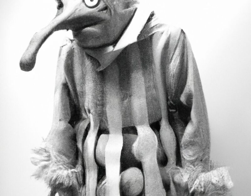 DALL·E 2023-11-01 13.21.19 - crazy, funny costume for an old man, Movie Monster Coat, graphic style looking like Max Ernst's early collages, black and white