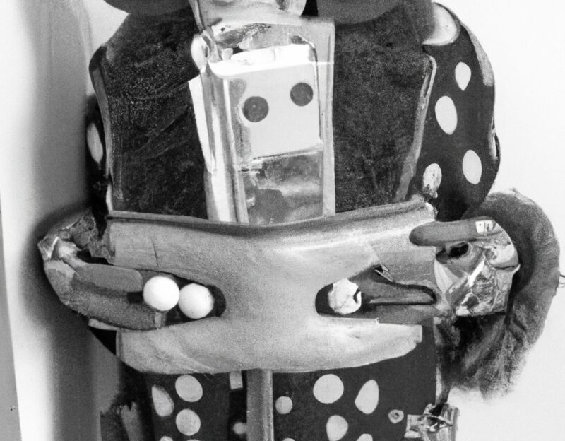 DALL·E 2023-11-01 13.23.19 - crazy, funny costume for an old man, Coat that mimiks a giant purse with bank notes in it, graphic style looking like Max Ernst's early collages, blac