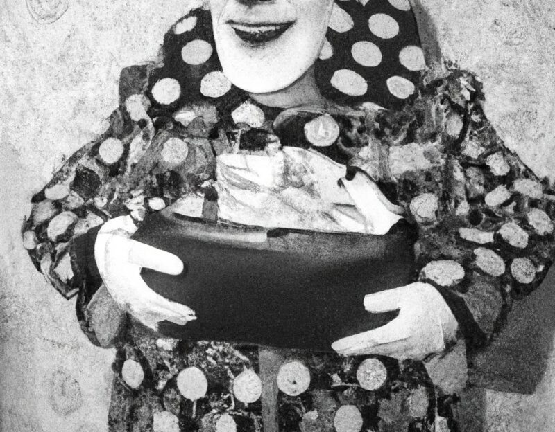 DALL·E 2023-11-01 13.23.27 - crazy, funny costume for an old man, Coat that mimiks a giant purse with bank notes in it, graphic style looking like Max Ernst's early collages, blac