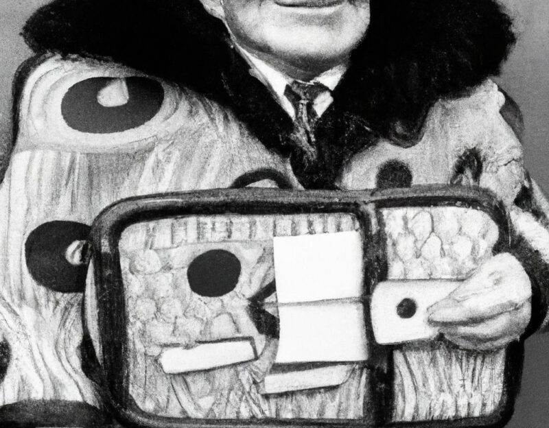 DALL·E 2023-11-01 13.23.50 - crazy, funny costume for an old man, Coat that mimiks a giant purse with bank notes in it, graphic style looking like Max Ernst's early collages, blac