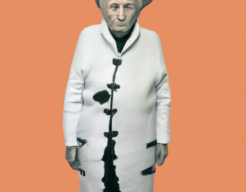 DALL·E 2023-11-01 13.28.45 - Crazy, funny costume for an old man, Coat that mimics a little lovely cat, graphic style looking like Max Ernst's black and white early collage