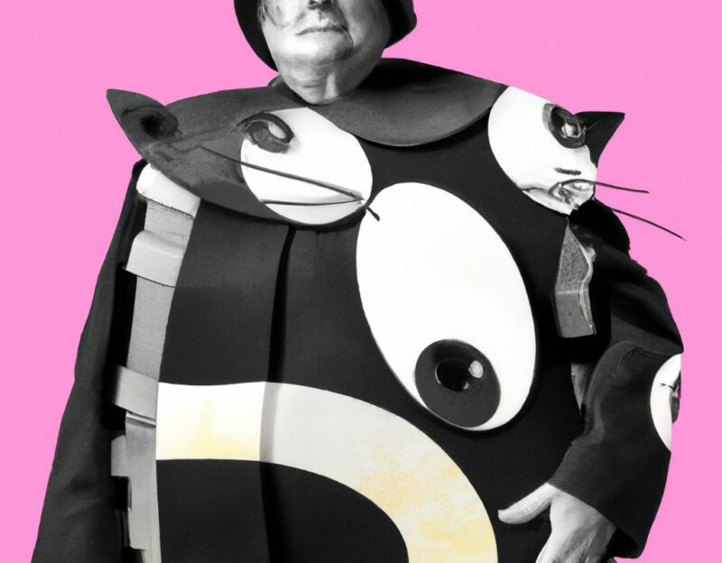 DALL·E 2023-11-01 13.29.05 - Crazy, funny costume for an old man, Coat that mimics a little lovely cat, graphic style looking like Max Ernst's black and white early collage