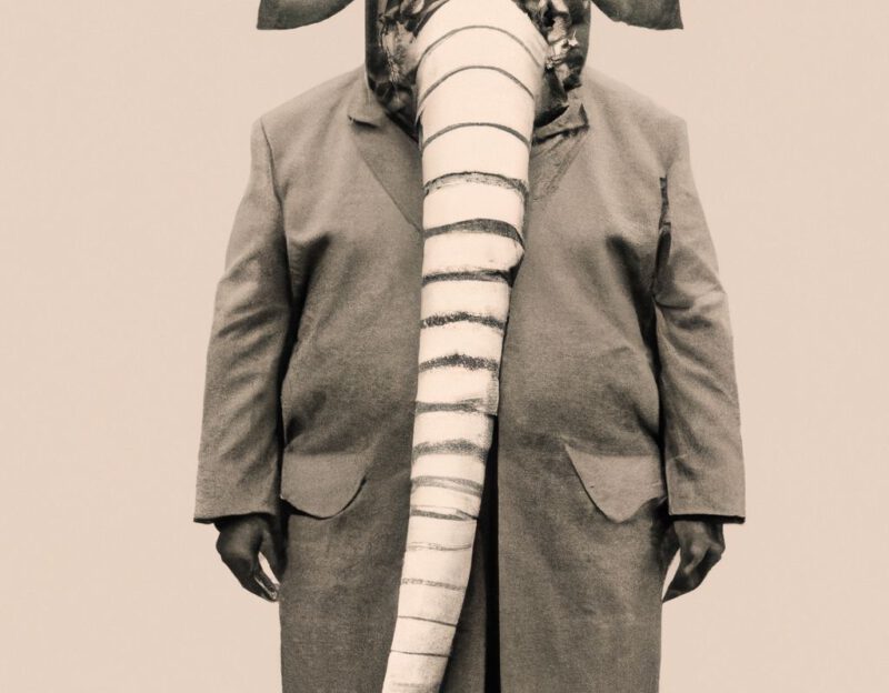 DALL·E 2023-11-01 13.30.07 - Crazy, funny costume for an old man, Coat that mimics an elephant, graphic style looking like Max Ernst's black and white early collage