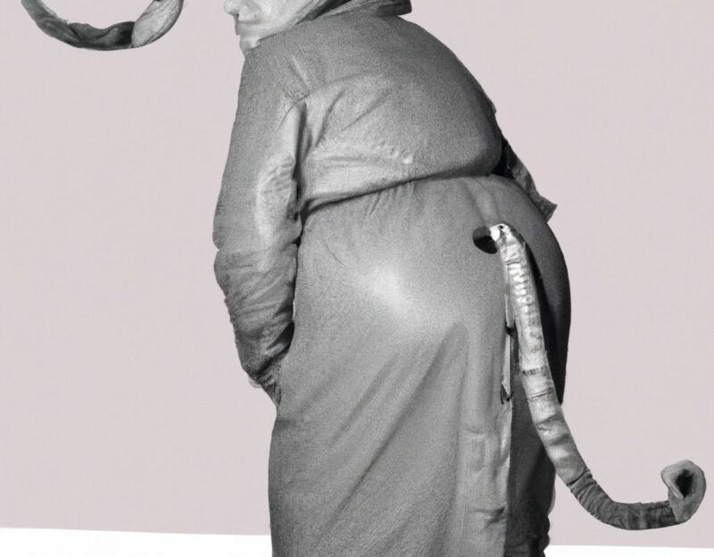 DALL·E 2023-11-01 13.30.19 - Crazy, funny costume for an old man, Coat that mimics an elephant, graphic style looking like Max Ernst's black and white early collage